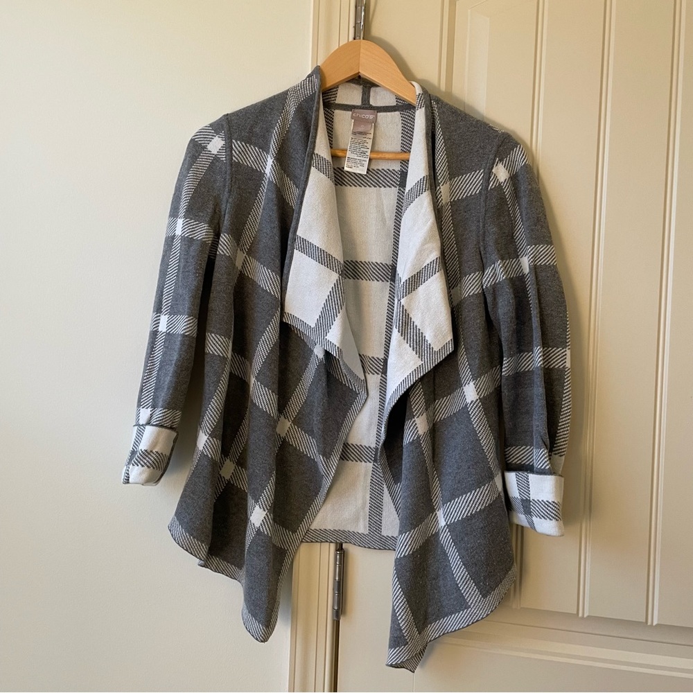 Chico's Gray and White Plaid Cardigan Size 0